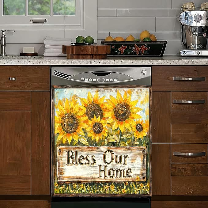 Dishwasher Magnet Cover Sunflower Vintage Wood Grain Dishwasher Magnet Decoration Flower Sunflower Dishwasher Magnet Decorative for Spring Summer Kitchen Refrigerator Cover 23x26 Inch