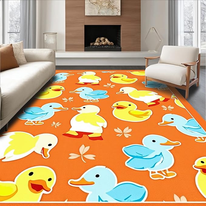 Flatwoven High Traffic Area Rug 5x7, Whimsical Parade Watercolor Cartoon Inspired Motif, Non Slip, Stain Resistant, Washable Area Rugs for Living Room, Bedroom (Orange, 5x7)