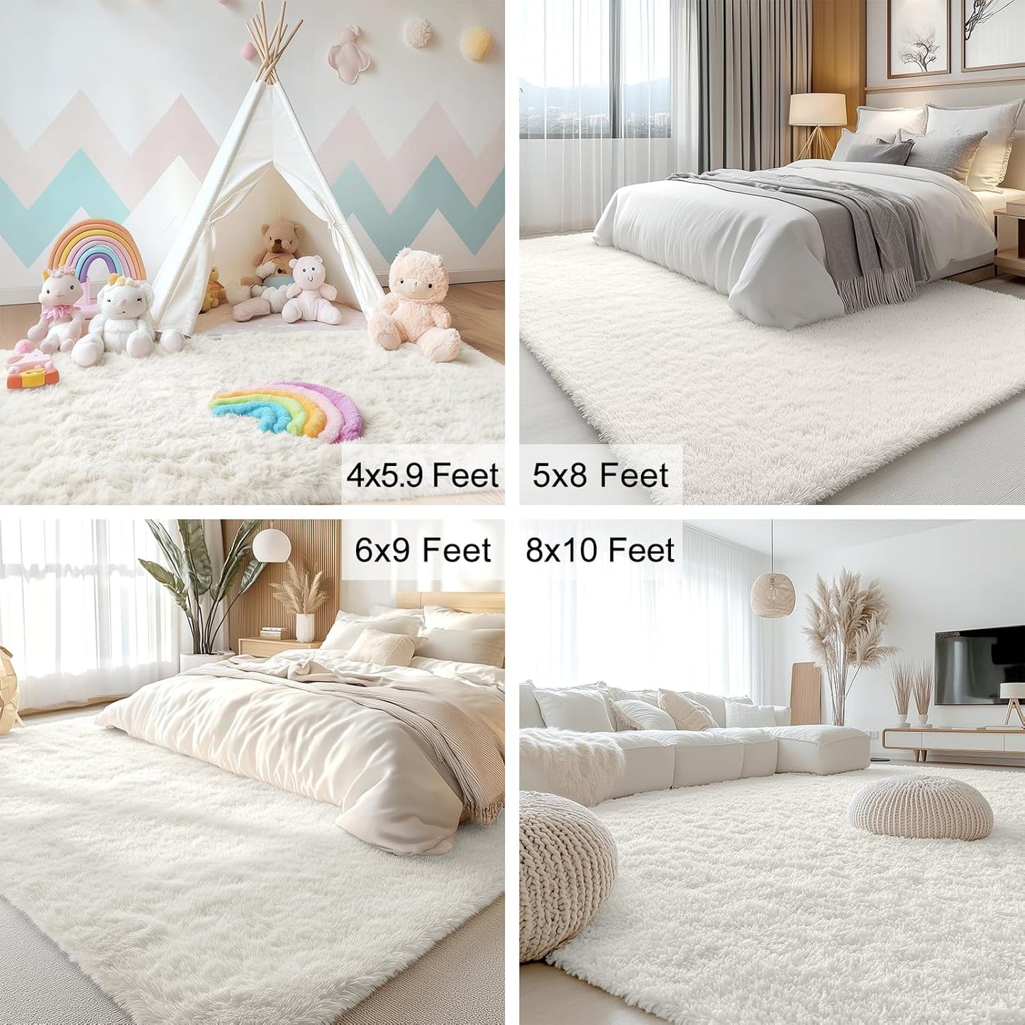 OLANLY Area Rugs - Soft, Fluffy Shaggy Indoor Carpet for Living Room & Bedroom | Ivory, 6x7 ft