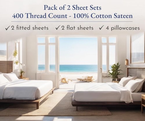 California Design Den 400 Thread Count Queen Bedsheet Set - 100% Cotton Sateen, Soft & Breathable - Bright White, Deep Pocket