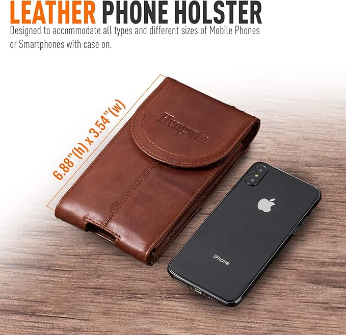 Hengwin Genuine Leather Cell Phone Holster for Outdoor Walking Working, Phone Holder Belt Pouch Case with Belt Clip Fits for iPhone 17 Pro Max 16 Pro Max Samsung Galaxy S25 Edge S24 Ultra (Brown)