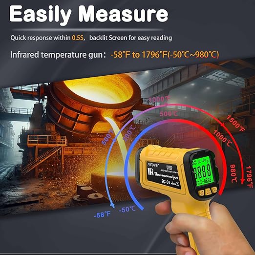 Surpeer Infrared Thermometer Pyrometer Temperature Gun -58°F to 1796°F, 50:1 Distance Ratio, Laser IR Temp Gun for Cooking, Pizza Oven, Engine, Kilns, Forges, Industry, and Home Repair.