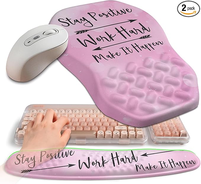 Gleamtide 2-in-1 Ergonomic Set, Wave Keyboard Wrist Rest and Massage Slope Mouse Pad Wrist Support, Rebound Memory Foam for Relieve Carpal Tunnel Syndrome and Wrist Pain (Stay Positive)