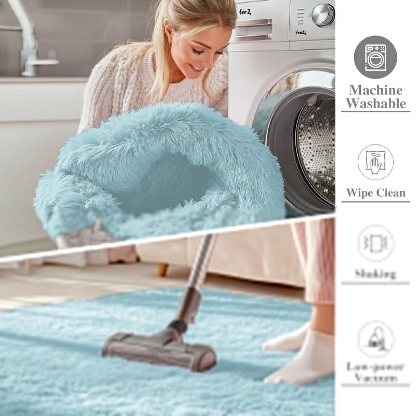 OLANLY 2x8 Machine Washable Runner Rugs for Hallway, Soft Fluffy Shaggy Bedside Rugs for Bedroom, Living Room, Indoor Floor Carpet for Kids Girls and Boys, Home Decor Aesthetic, Light Blue
