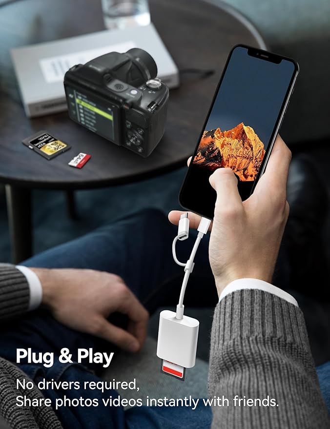 BnmxTek SD Card Reader for iPhone, SD Card Adapter with Lightening & USBC Dual-Connector for iPhone 5-14, USB-C iPhone 15, iPad, Mac or MacBook, Supports SD MicroSD Trail Camera Viewer, Plug and Play