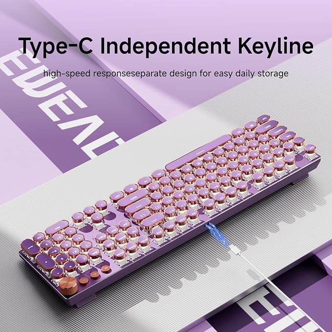 EWEADN Wired Typewriter Mechanical Keyboard, Low Noise Pink Switch Retro Punk Keyboard with Media Knob, White Backlit, Metal Panel, 104-Key Round Keycaps Cute Keyboard for Windows PC -Purple