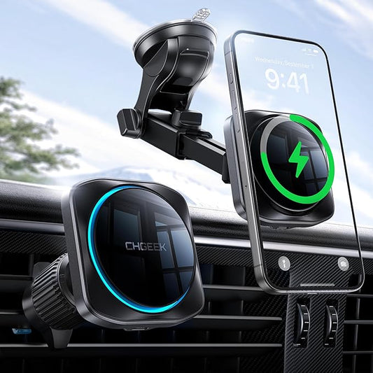 CHGeek for 15W Magsafe Car Mount Charger, Wireless Car Charger Magnetic Car Phone Holder Mount Fit for iPhone 16 15 14 13 12 Magsafe Case, Vent/Windshield/Dash Phone Mount Holder Fast Cooling Charger