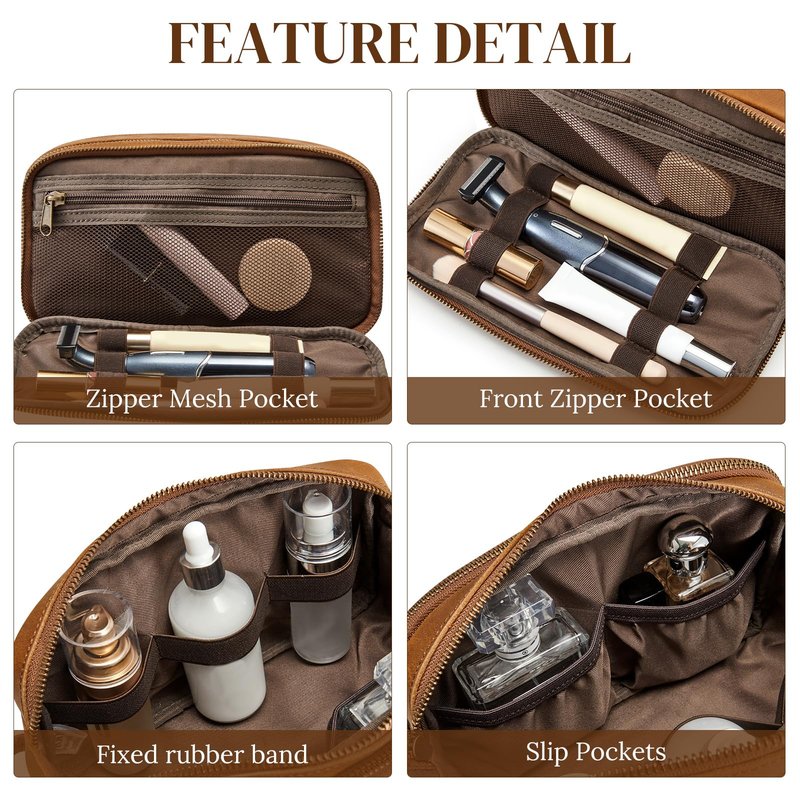 S-ZONE Leather Travel Toiletry Bag for Men Women Traveling Cosmetic Shaving Bags Dopp Kit