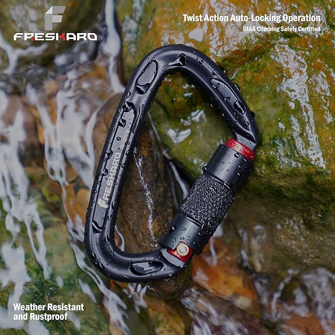 FresKaro Twist Lock Carabiner Clips, Auto Locking and Heavy Duty, Climbing carabeaner Large, for Rock Mountain Tree Climbing, Rappelling, Arborist, Firefighter, Dog, Hammock, Caribeener Keychain Black
