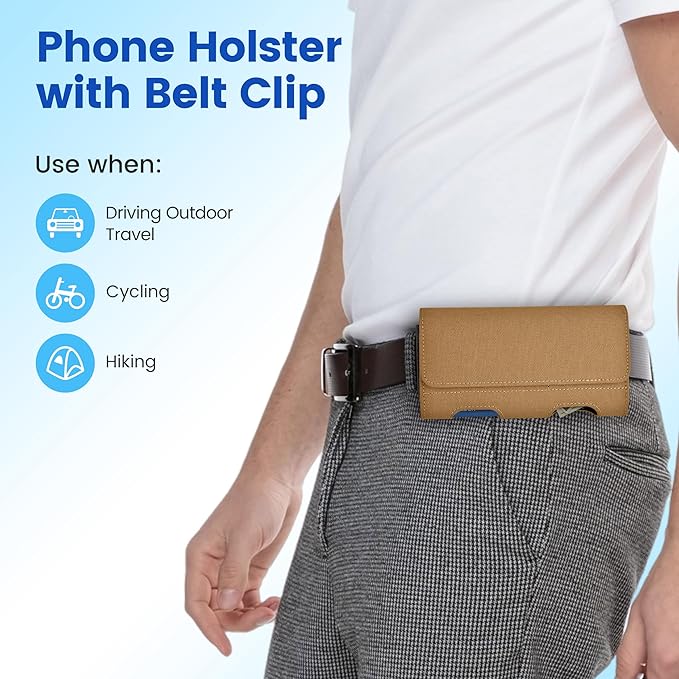 Mopaclle Nylon Phone Holster with Heavy Duty Metal Belt Clip and Card Holder, Compatible with iPhone 13/12 Mini, iPhone SE, iPhone 8/7/6S/6, and Galaxy S7/S6/S5 - Khaki