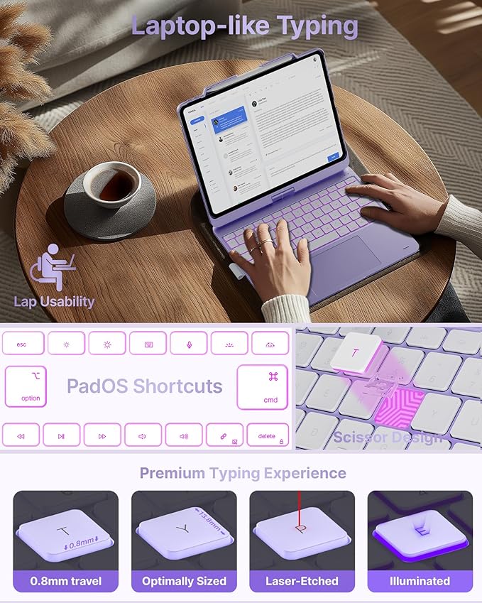 typecase Touch Case with Keyboard for iPad Pro 13"(M5/M4, 2025/2024), iPad Air 13"(M4/M3/M2, 2026/2025/2024) & iPad Pro 12.9", Trackpad, 360° Rotatable, 11-Colors Backlit, Pale Purple