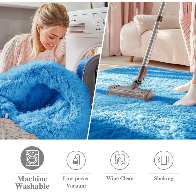OLANLY Bright Blue Round Rugs for Bedroom - Machine Washable, 8 ft Circle Area Rugs for Living Room, Soft and Fluffy Shaggy Carpet for Teen Girl and Boys, Nursery Rooms, Dorms, Home Decor Aesthetic