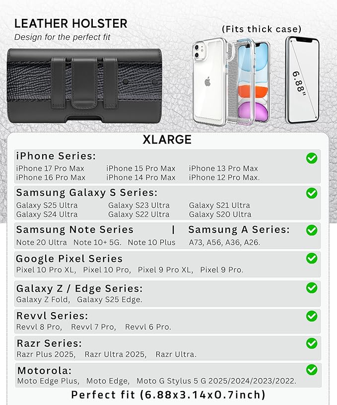 Wireless City X-Large Phone Holster for Men & Women, Horizontal Belt Clip & Loop Cell Phone Pouch, Magnetic Closure Phone Belt Holder Fits iPhone 17/16/15/14/13/12 Pro Max & Large Smartphones (Black)