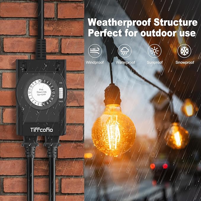 TiFFCOFiO Outdoor Timer Outlet Waterproof, 24 Hour Mechanical Light Timer Outdoor, 2 Grounded Outlets for Home and Garden, 15A 1/2HP, Heavy Duty, ETL Listed (1 Pack)