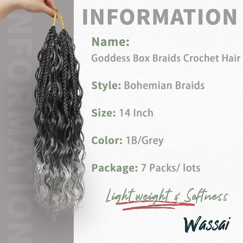Goddess Box Braids - 7 Packs Grey Crochet Hair with Curly Ends | 14 Inch Bohemian Braiding Extensions 1B/Gray