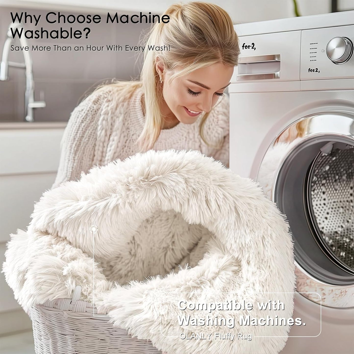 OLANLY Soft Fluffy Shaggy Bedside Rug - Machine Washable 2x3 Ivory Entryway Carpet for Kids & Nursery
