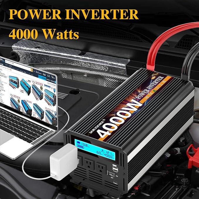 JARXIOKE 4000 Watt Power Inverter 12V DC to 110V 120V Converter for Family RV Off Grid Solar System Car with Type-C Ports 3 AC Power Outlets Dual USB Ports LCD Display Wireless Remote Control