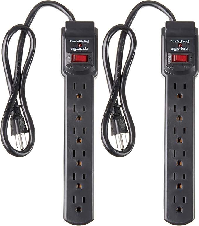 Amazon Basics 6-Outlet Surge Protector Power Strip with 200J Protection, Circuit Breaker, 2ft Extension Cord, Black, 2-Pack