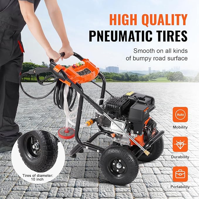 VEVOR Gas Pressure Washer, 3500 PSI 2.6 GPM, Gas Powered Pressure Washer with Aluminum Pump, Spray Gun and Extension Wand, 5 Nozzle Set, for Cars, Fences, Homes, Driveways, Patios Furniture Horizontal