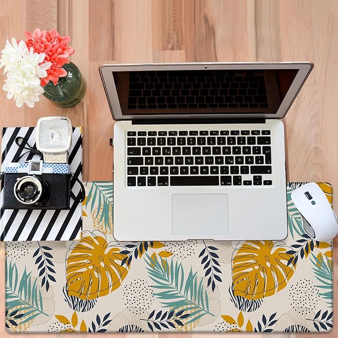NITAHHHY Large Mouse Pad Palm Leaves Gaming Desk Pad Computer Keyboard Non-Slip Waterproof Mouse Mat with Rubber Base and Stitched Edges Entertainment Office Writing Desk Mat 35.4 x 15.7 Inches