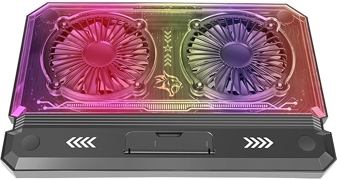 Porodo Gaming Crystal Shell Laptop Cooling Pad with Phone Holder, Dual High-Speed Fans, 8-Level Adjustable Height, RGB Lighting, Anti-Slip Base, USB-A & USB-C Ports – Black (for 10-17” Laptops)