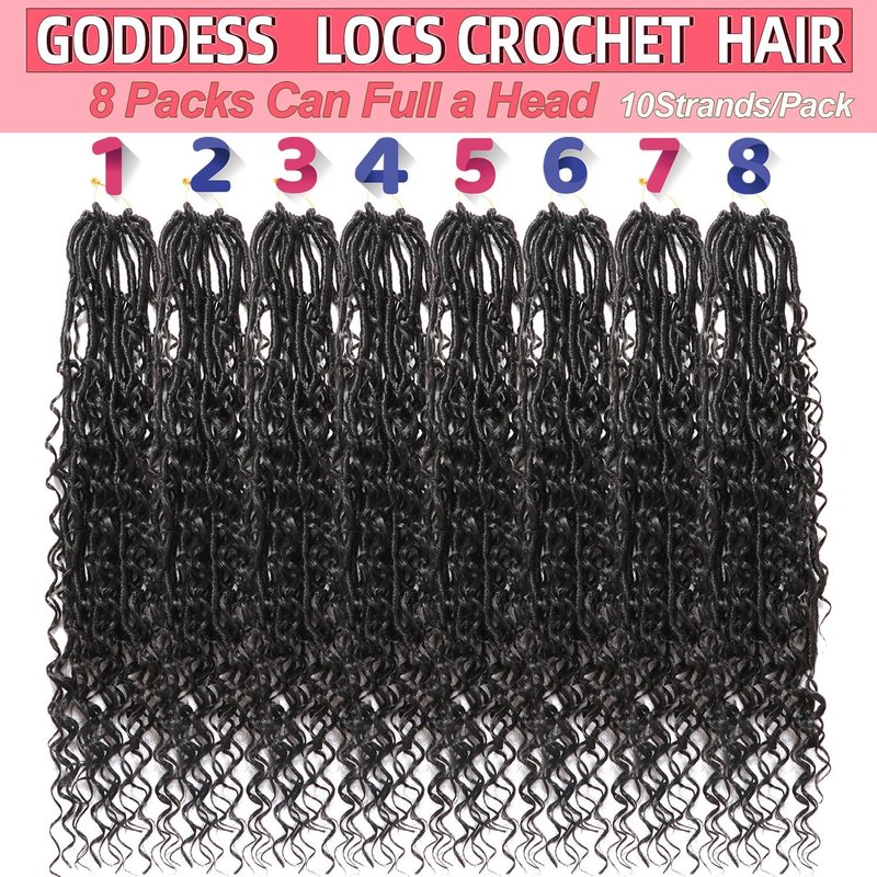 Goddess Locs Crochet Hair-18 Inch 8 Packs Boho Faux Locs Crochet Hair for Black Women Pre Looped Soft Locs with Curly Ends (1B#, 18 Inch(Pack of 8))
