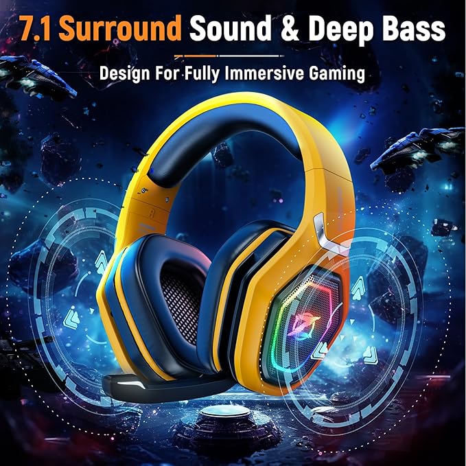Ozeino Wireless Gaming Headsets for PC, Ps5, Ps4 - Lossless Audio USB-A & USB-C Gaming Headphones with Flip Mic, 30-Hr Battery Bluetooth Headset for Switch, Laptop, Mobile, Mac, Black-Yellow, OW810