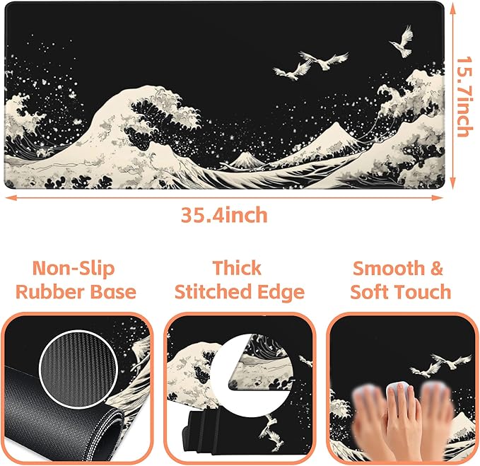 NIYLYNSYN Mouse Pad Large White Wave Non-Slip Gaming Desk Mat with Stitched Edge Laptop Keyboard Desk Pad for Work Home Gaming (35.4 x 15.7 Inches)