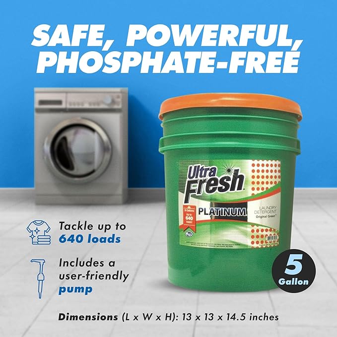 Ultra Fresh 3X Platinum 5 Gallon Laundry Detergent Liquid for All Machine Types with Easy Dispensing Pump, Up to 640 Loads, Original Green (3 Pack)
