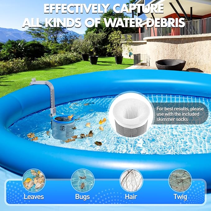 Above Ground Pool Skimmer Comes with 3 Skimmer Socks | Height-Adjustable Wall Mount Surface Skimmer | Heavy-Duty Floating Pool Skimmer - Auto-Skimming Leaves & Fine Debris from Pool Surface