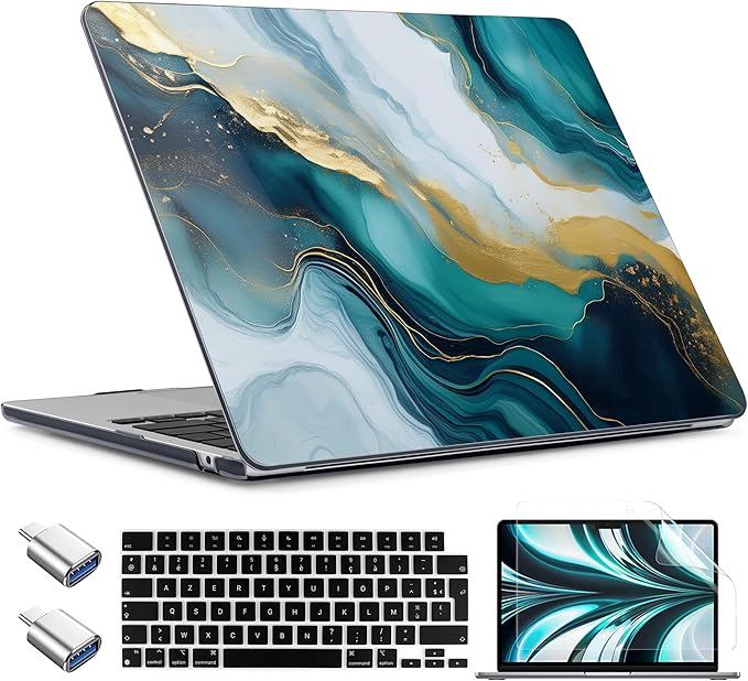TWOLSKOO for MacBook Air 13 inch Case M5 2026 M4 2025 M3 M2 2024-2022 A3449 A3240 A3113 A2681, Plastic Hard Shell & Keyboard Cover & Type C for MacBook Air 13.6 inch Case, Graphite Marble