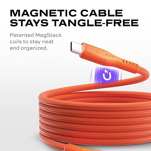 Statik MagStack Pro USB C to USB C Cable, Magnetic Type C Charger Fast Charging Cord, On The Go Magnetic Charging Cable for Car, Compatible with iPhone, iPad & Android, Orange 100W 3FT