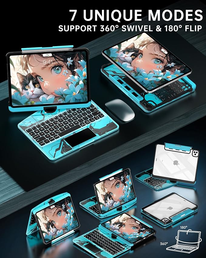 Intermerge Transparent Case with Keyboard for iPad Air 11"(M4/ M3/ M2, 2026/2025/ 2024), Air 5th/4th, Pro 11" 2022-2018, 360° Swivel Multi-Touch Trackpad, 7-Color Backlit, Pencil Holder, Aqua Pulse