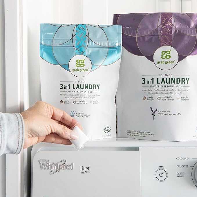 Grab Green Natural 3 in 1 Laundry Detergent Pods, Free & Clear/Unscented, 24 Loads, Fragrance Free, Organic Enzyme-Powered, Plant & Mineral-Based, 13.5 Ounce, 24 Count