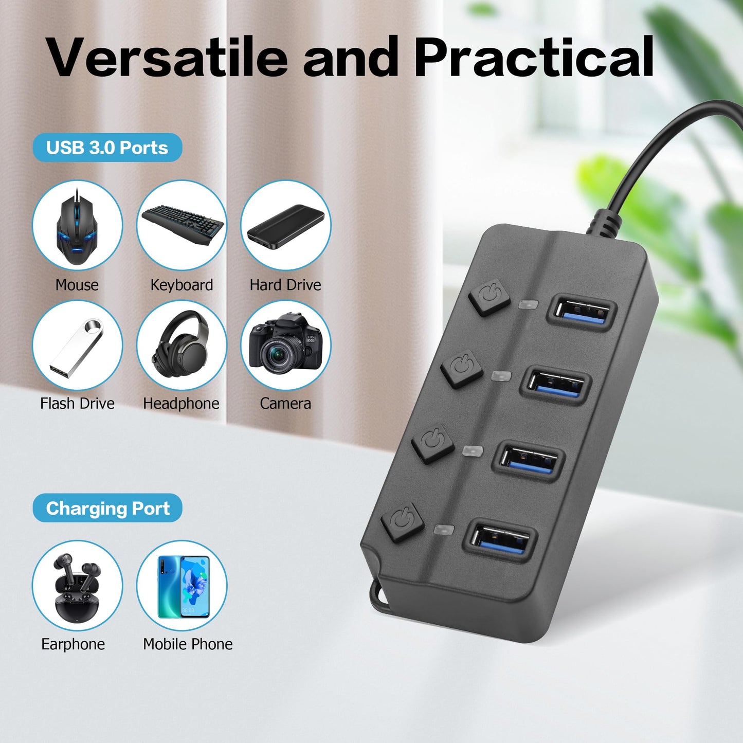90 Degree USB Hub Splitter YACSEJAO USB 2.0 Data Hub with Individual LED Button On/Off Switch DC5.5 * 2.1 Power Port for Laptop,PC Computer (4 Ports, 0.3M)