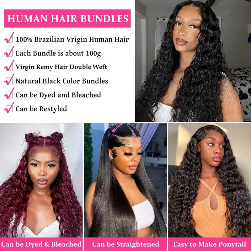 12A Brazilian Water Wave Human Hair Bundles One Bundle 24 Inch 100% Unprocessed Virgin Deep Wave Bundles Human Hair for Black Women Natural Black Color