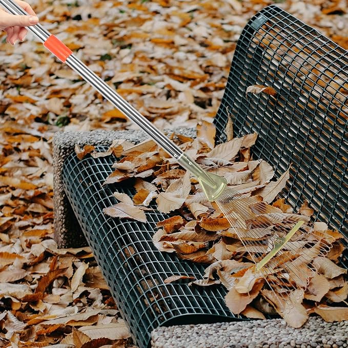 Heavy Duty Garden Leaf Rake 18 Stainless Steel Tines, Telescopic Extendable Handle 80cm for Lawn and Turf Cleaning, Landscape Hand Rake for Yard and Leaf Removal