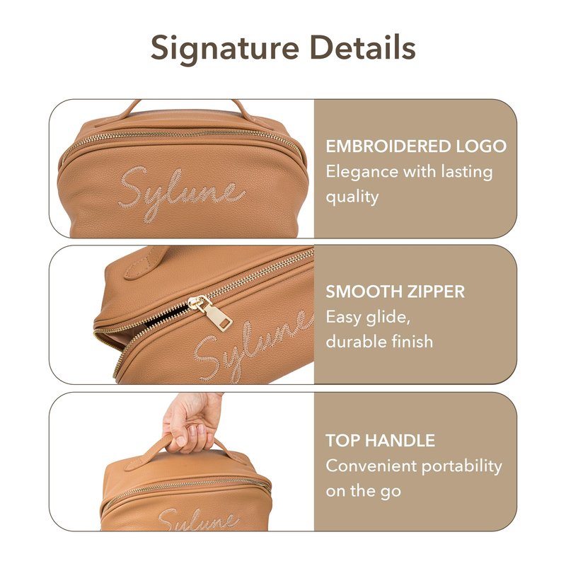 Sylune Classic Makeup Bag - Pebbled Faux Leather Travel Cosmetic Organizer, Water-Resistant Toiletry Bag with Handle, Luxury Gift for Women (Camel Brown)