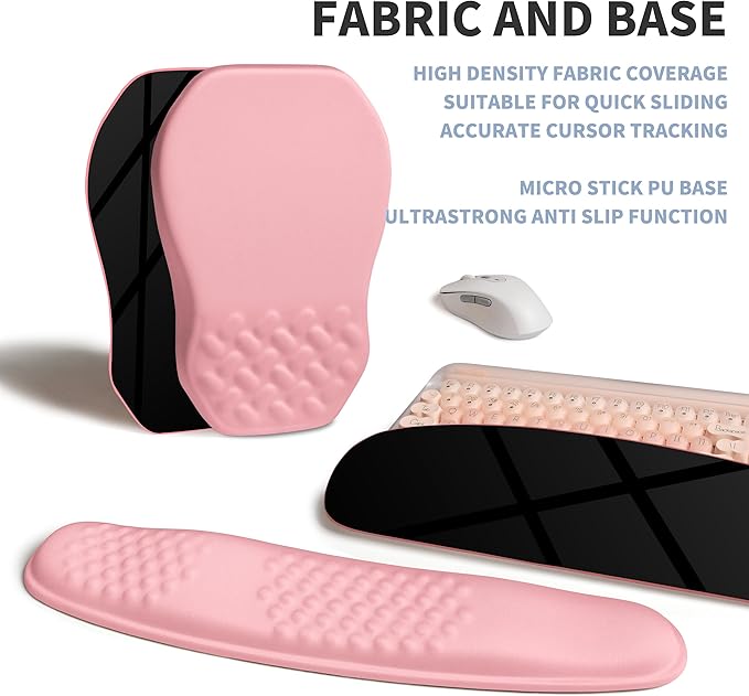 Gleamtide 2-in-1 Ergonomic Set, Wave Keyboard Wrist Rest and Massage Slope Mouse Pad Wrist Support, Rebound Memory Foam for Relieve Carpal Tunnel Syndrome and Wrist Pain (Pink)
