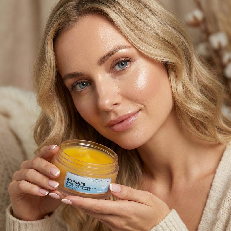 YUNASENCE Biomaze Natural Microdermabrasion Balm to Milk Cleanser, Melting Cleansing Balm for face. With Shea Butter, Sea Buckthorn, Vitamin E, Rice Fibers.