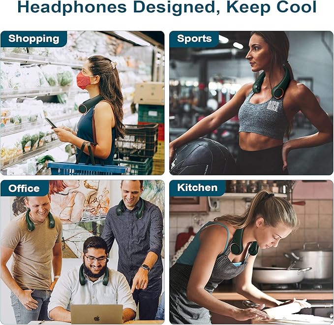 CIVPOWER Neck Fan: Portable Personal Neck Cooling Rechargeable Bladeless Fan - Hands Free 3 Speed 4000 mAh Battery USB Operated Wearable Headphone Design - Gift for Men Women Outdoor (Dark Green)