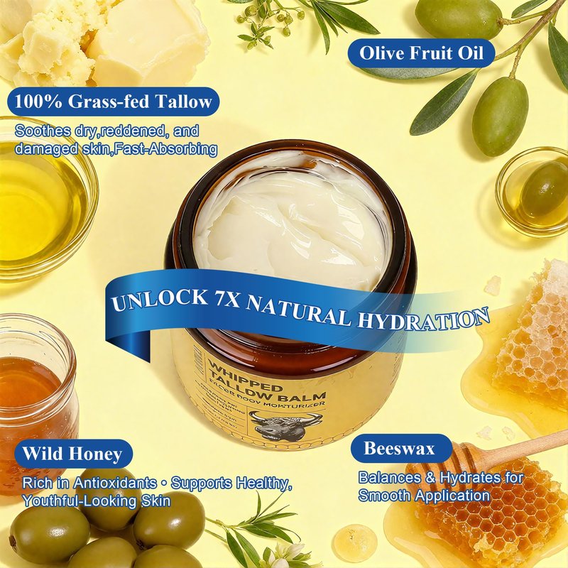 FLEXQW Organic Raw Whipped Tallow Balm | 7X Moisturizing Grass Fed Beef Tallow Face & Body Moisturizer with Wild Honey, Beeswax | Skin Repair for Dry Sensitive Skin, Hands & Feet | 4.2 oz/120g 2Pack