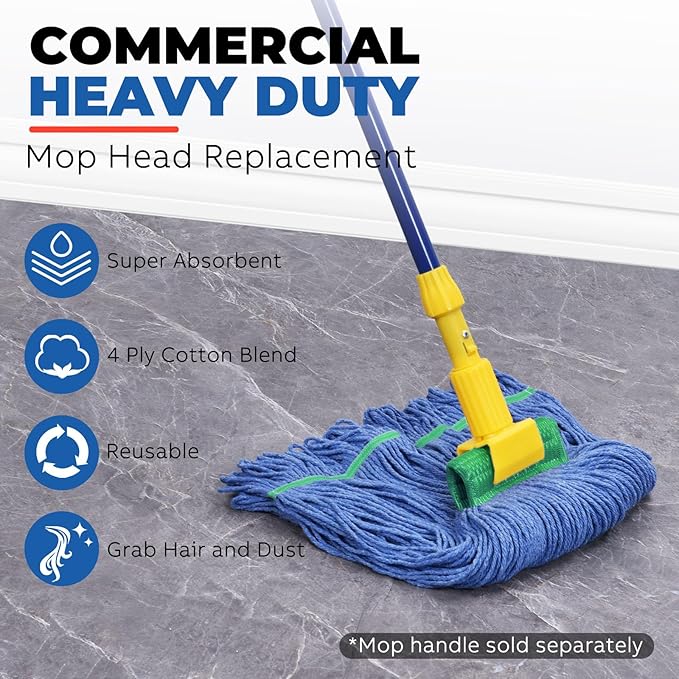 Onesimus 24 oz Heavy Duty Mop Head Replacement, 5 Inch Headband for Quick Change Handle, Blue Loop-End Cotton Blend String Wet Dry Floor Mop Refill Commercial Cleaning Supplies, 6 Pack Large