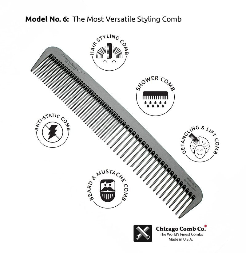 Chicago Comb Model 6 Carbon Fiber Comb + English Tan Horween leather sheath, Made in USA, ultimate styling comb, for men & women, smooth strong & light, anti-static, premium leather sheath