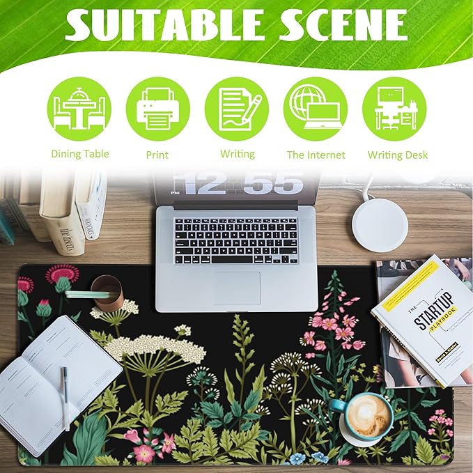 Eflxamz Large Gaming Mouse Pad for Desk,Wildflowers Night Desk Mat,Wild Floral Flower Desk Pad,Extended Big Computer Keyboard Mouse Pad with Non-Slip Base and Stitched Edge,35.4"x15.7"