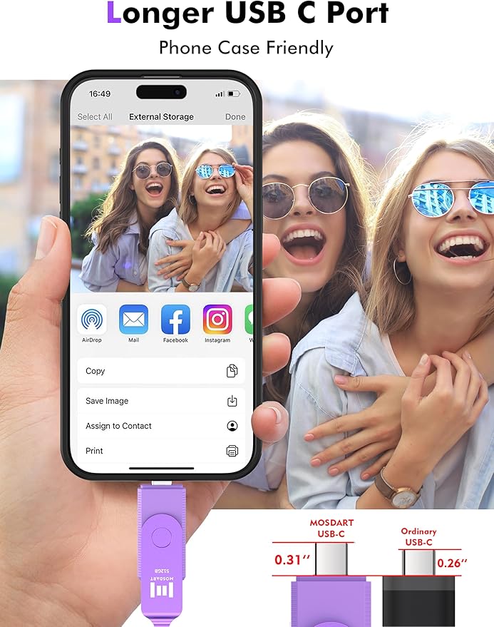 MOSDART 512GB USB C 3.2 Fast Speed C and A Dual Flash Drive, exFAT Memory Stick with Keychain and LED Indicator, for iPhone 15,16,17, Android Phone, iPad, MacBook, and Other Laptops, Purple