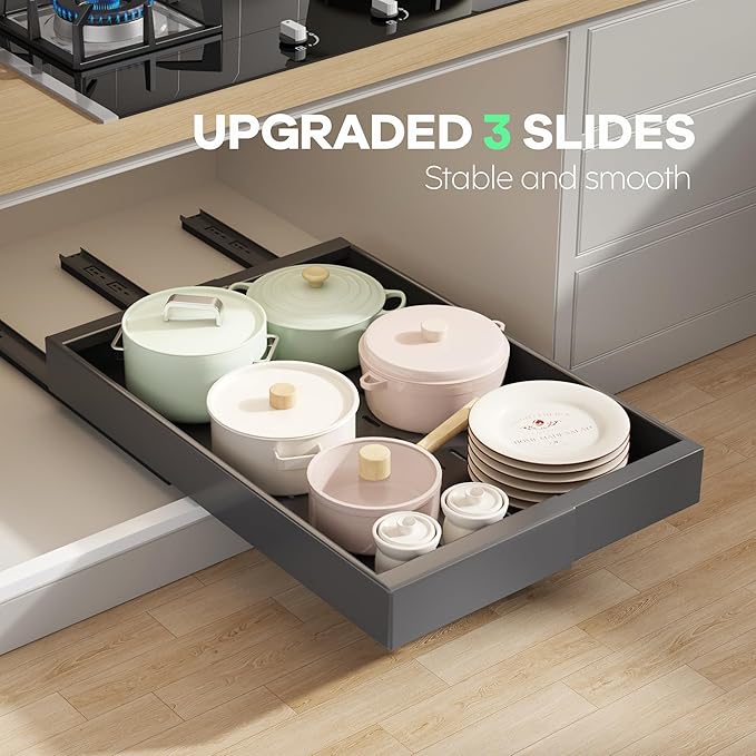 4 Pack Pull Out Cabinet Organizer 21" Deep with Raising Pad for Framed Cabinets, Expandable (9"-14" W) Slide Out Drawers for Kitchen Cabinets with 4pcs Divider Racks, Roll Out Shelves, Black