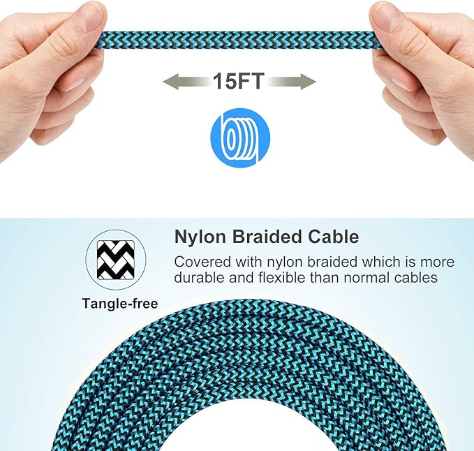 Micro USB Cable 15ft with 3A Fast Charging, Extra Long and Extremely Durable Nylon Braided Charger Cord for Galaxy S7/S6/J8/J7 Note 5,Kindle,LG,PS4,Camera,Xbox One and More (White)