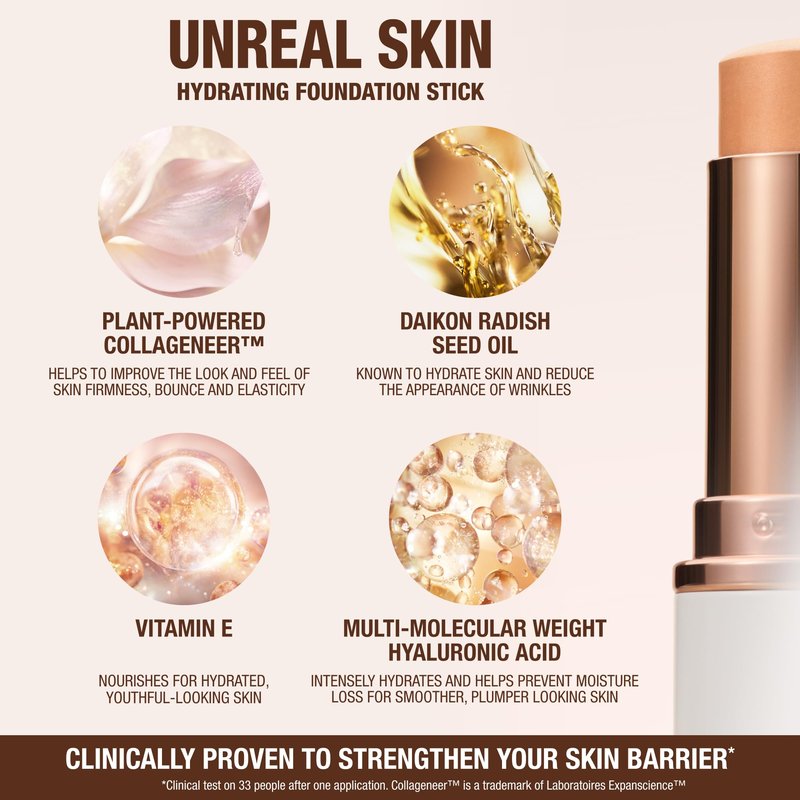 Charlotte Tilbury Unreal Skin Tint & Sheer Glow Hydrating Foundation Stick - Cream Foundation Makeup with Sheer-to-Light Coverage & a Buildable Formula - Blurring, Smoothing & Nourishing - 16 Deep