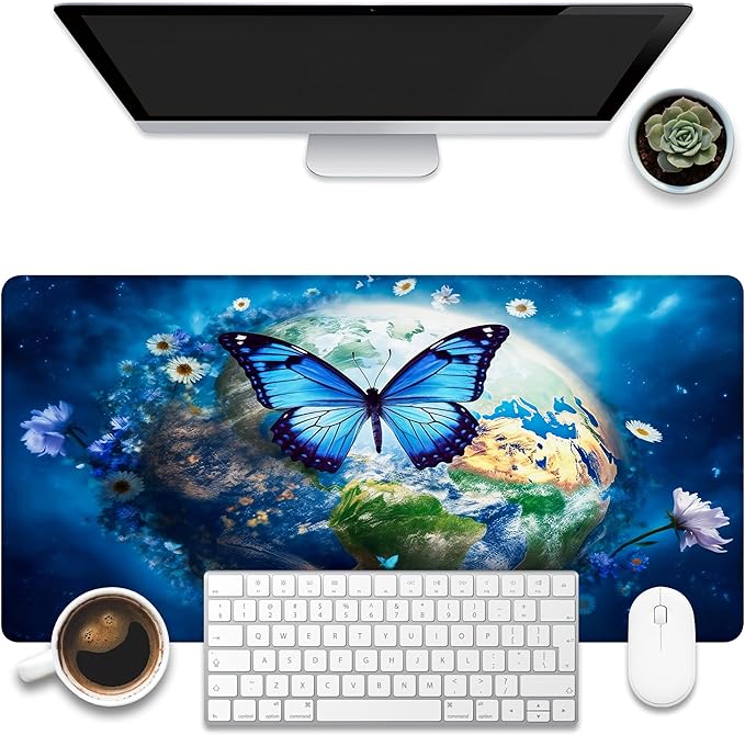 KOAIWPAE Desk Mat, Earth Surrounded by Flowers Desk Pad, Blue Butterfly Large Gaming Mouse Pad, 31.5"x15.7", Extended Big Computer Keyboard Mouse Pad with Non-Slip Base and Stitched Edge